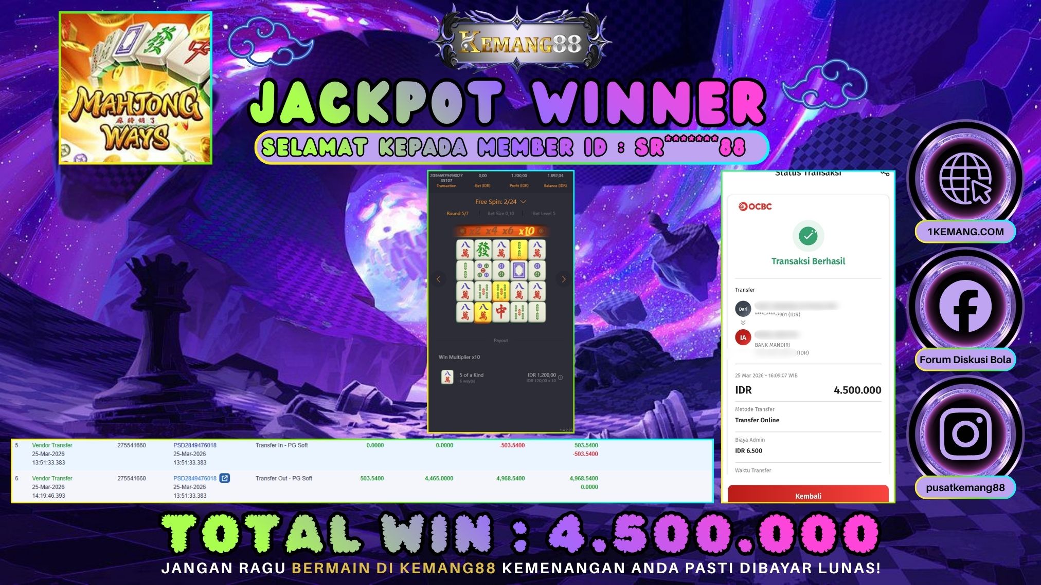 KEMANG88 [25 Maret 2026] : JACKPOT SLOT : MAHJONG WAYS 1 [PG] Rp. 4.500.000.,- LUNAS